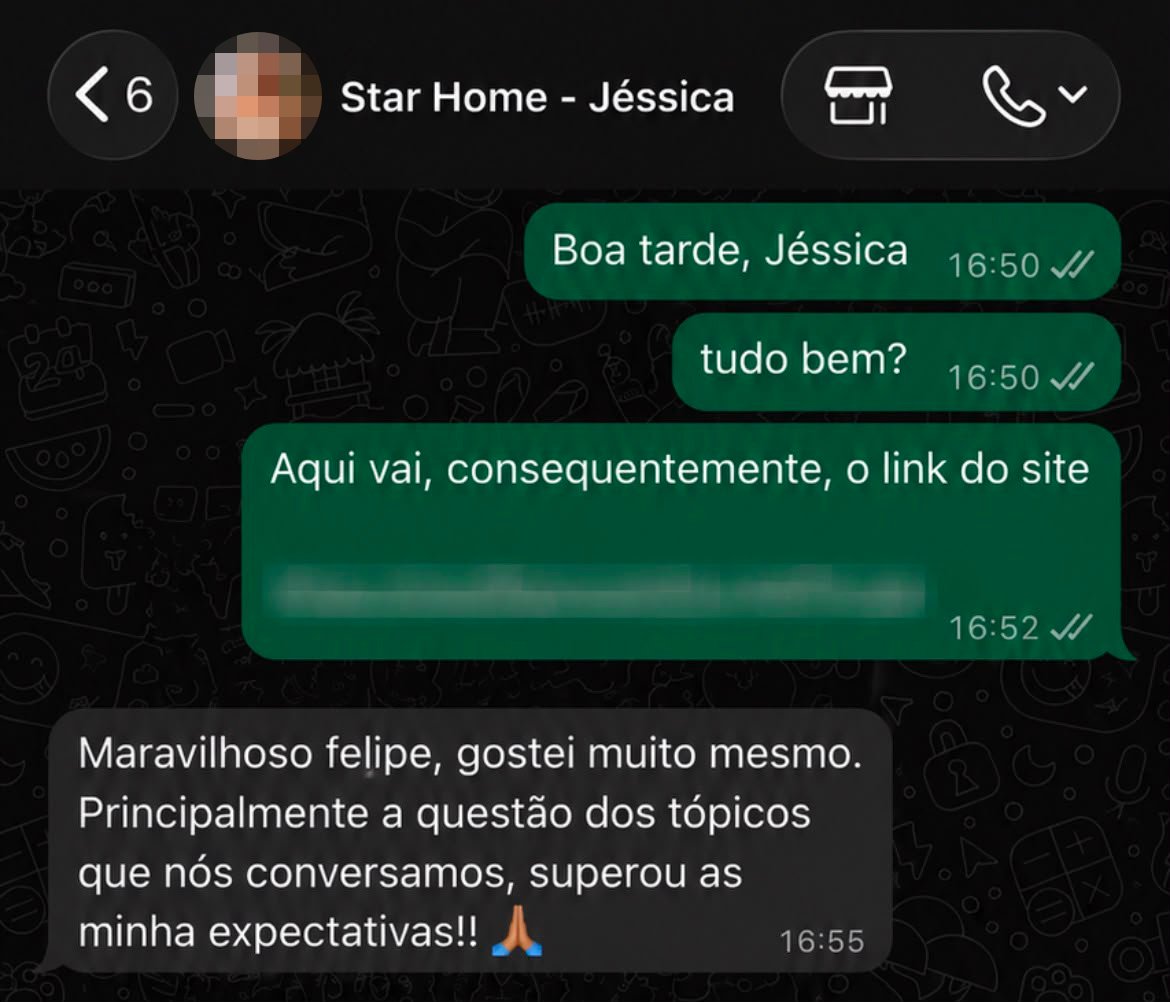 Conversa de WhatsApp com cliente recebendo o link do site novo