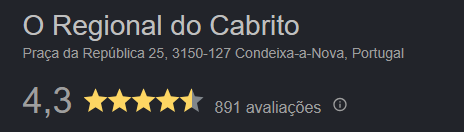 Perfil do Google d'O Regional do Cabrito: 4,3 estrelas, 891 avaliações